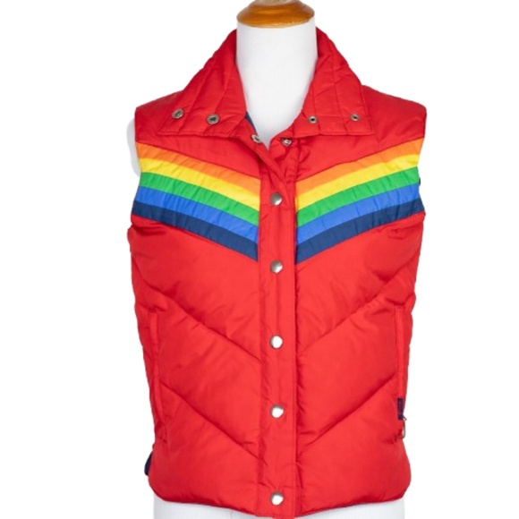 Vintage 70s Antler Rainbow Stripe Down Puffer Vest Size M - Picture 1 of 16